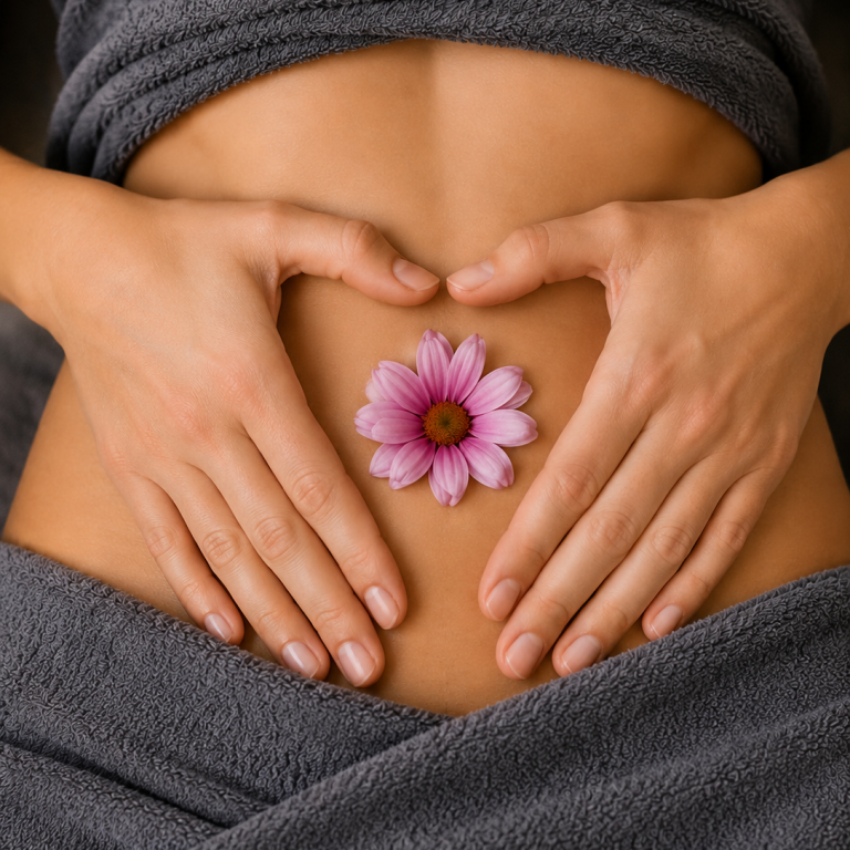 Achtsame Fruchtbarkeitsmassage am Bauch mit Blüte – sanfte Begleitung für Frauen mit Kinderwunsch