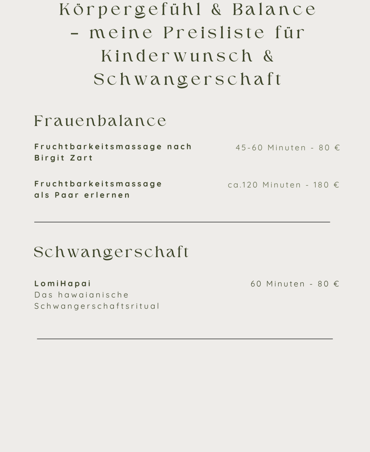 UndaViva Preisliste für Anfahrt und individuell vereinbarte Massageangebote